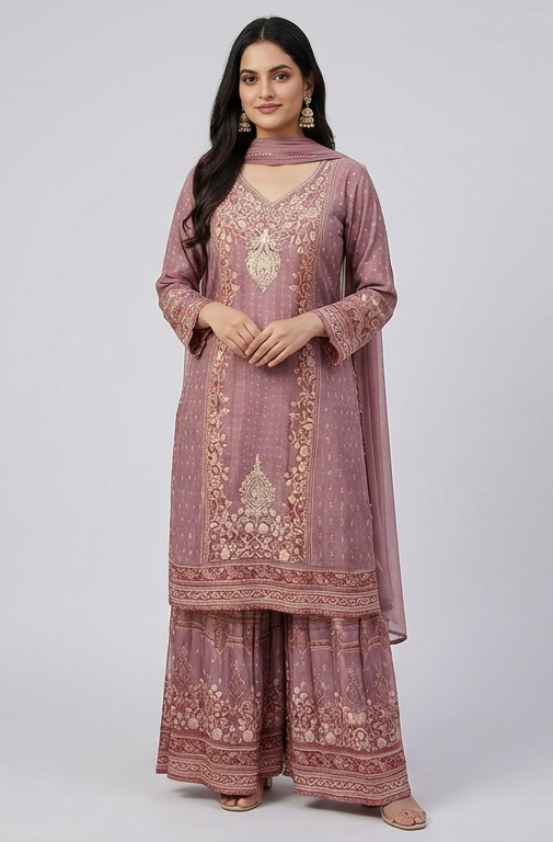 Mauve Embroidered Kurti with Sharara & Dupatta Set