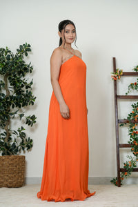 Orange Embellished Cross-Halter Maxi Gown - Back View
