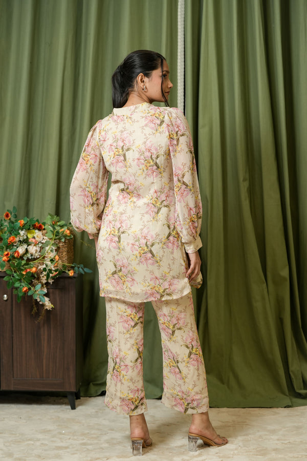 Cream floral co-ord set - back view showing bishop sleeves