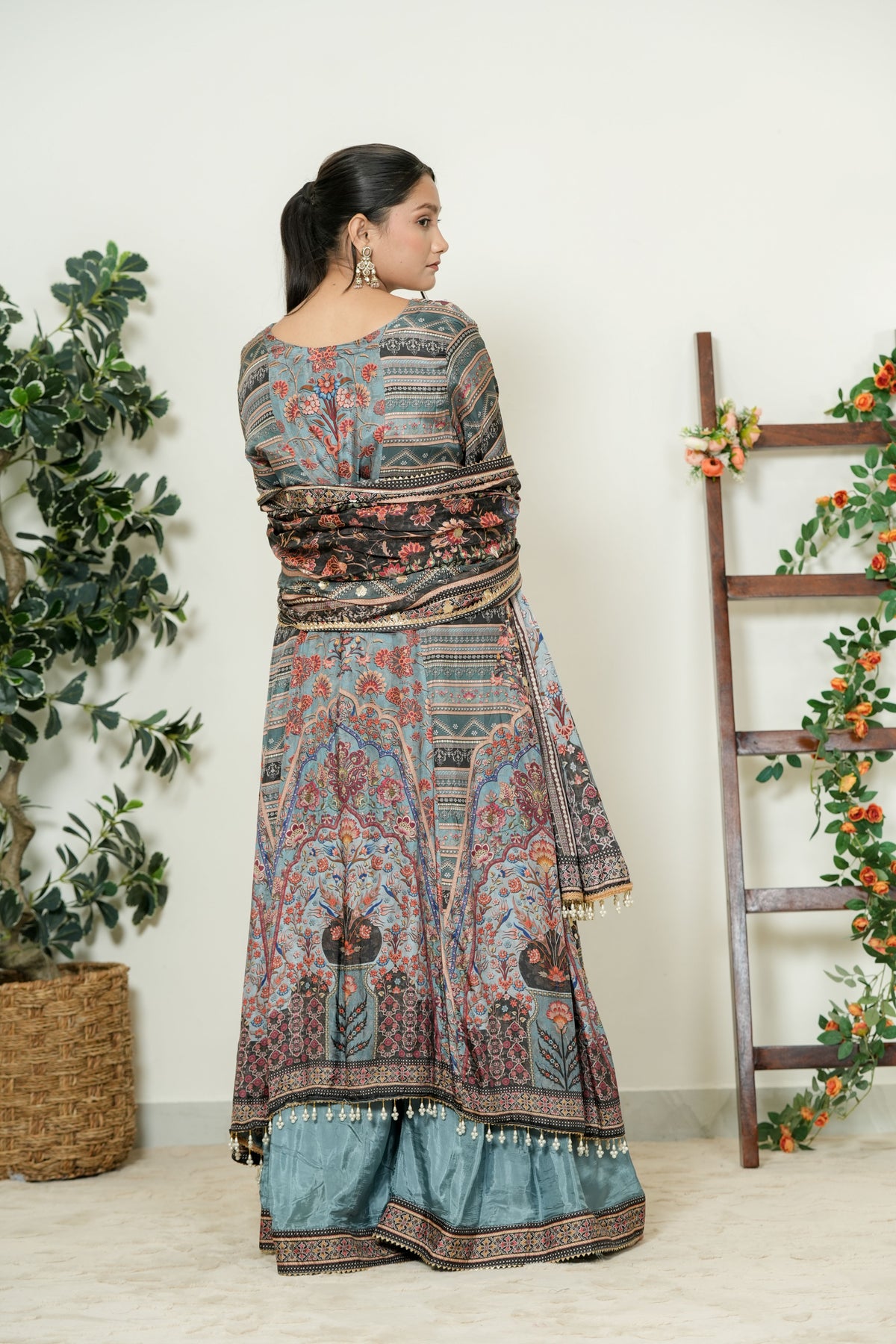Teal Floral Printed Kurta Set - Back View