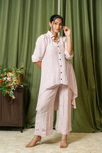 Pink Striped Shirt Kurta Palazzo Co-ord Set - Front View