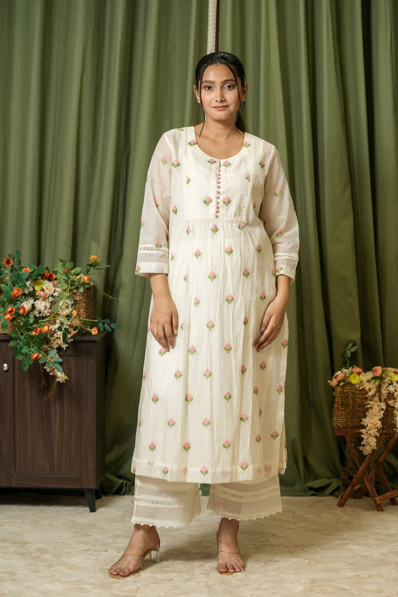 Ivory Floral Embroidered Kurta Set - Back View