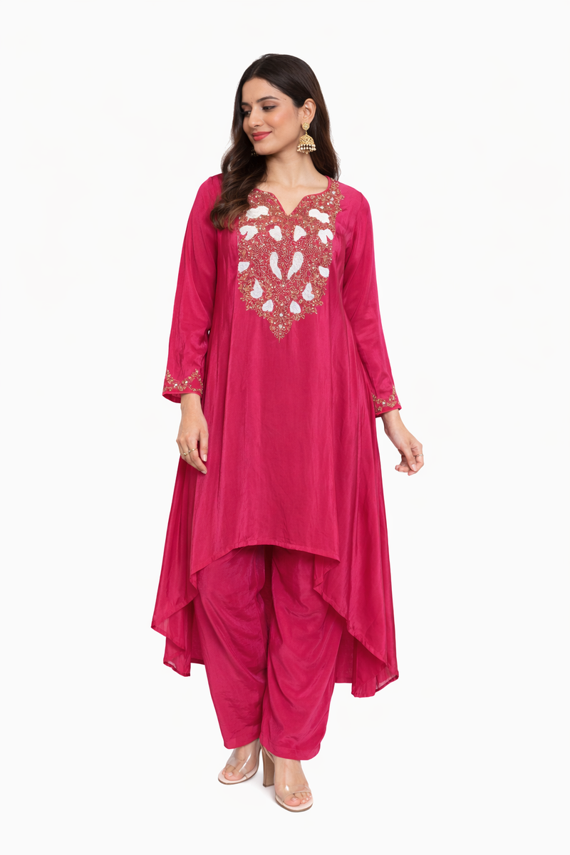 Fuchsia Pink Embroidered Asymmetrical Kurti with Pants Set