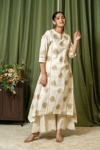 Off-white Kalamkari kurta and palazzo set - three-quarter front view