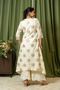 Off-white Kalamkari kurta and schiffli palazzo set - back view showing embroidered cuffs