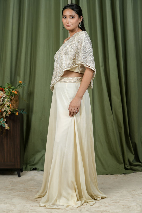 Ivory embroidered cape and palazzo co-ord set - side view