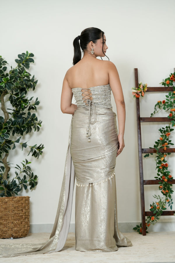 Silver Grey Embroidered Saree with Pearl Border