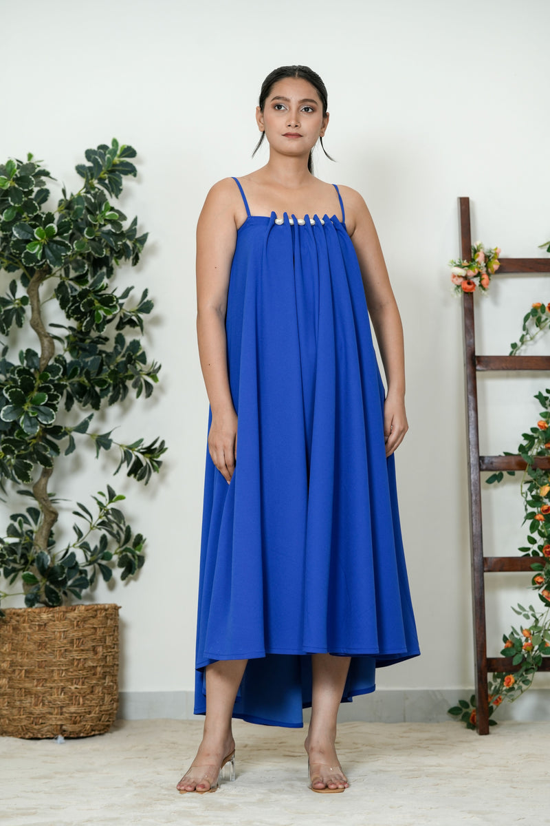 Royal Blue Pearl Embellished Flare Dress - neckline detail