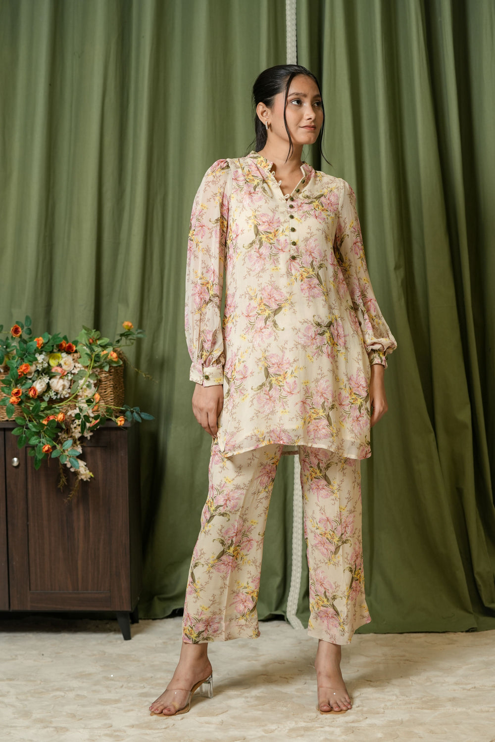 Cream floral chiffon kurta and straight pants co-ord set - front view