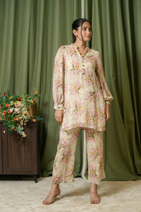 Cream floral chiffon kurta and straight pants co-ord set - front view