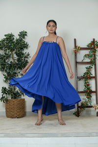 Royal Blue Pearl Embellished Flare Dress - front view