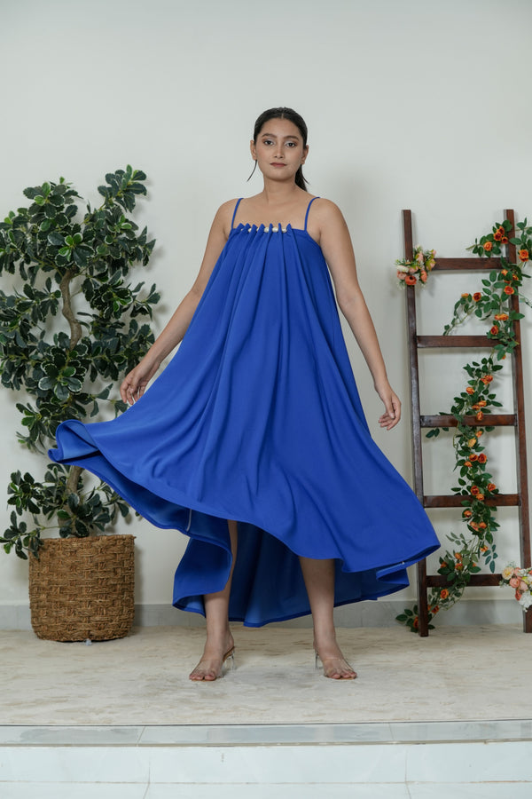 Royal Blue Pearl Embellished Flare Dress - front view