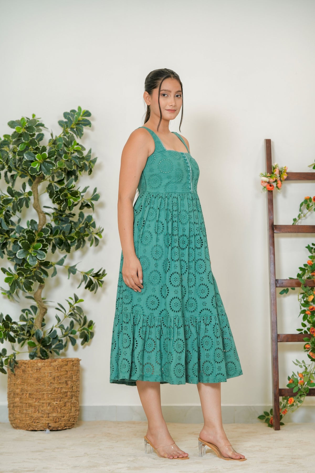 Teal schiffli eyelet cotton tiered midi dress - front three-quarter view