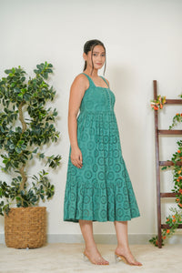 Teal schiffli eyelet cotton tiered midi dress - front three-quarter view