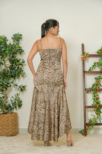 Leopard print satin asymmetric maxi dress - back view showing floor-sweeping train