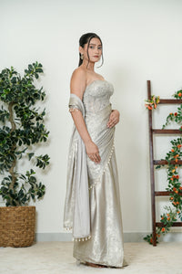 Silver Grey Embroidered Saree with Pearl Border