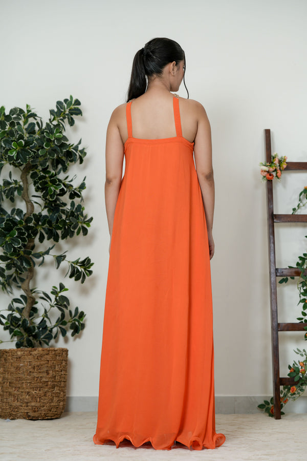 Orange Embellished Cross-Halter Maxi Gown - Front View with Clutch