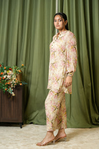 Cream floral chiffon co-ord set - side view