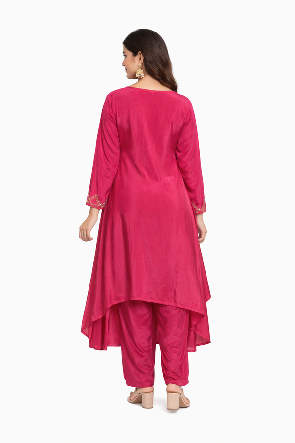Fuchsia Pink Embroidered Asymmetrical Kurti with Pants Set