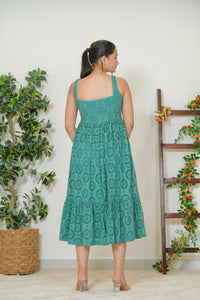 Teal schiffli eyelet tiered midi dress - back view showing wide straps and pockets