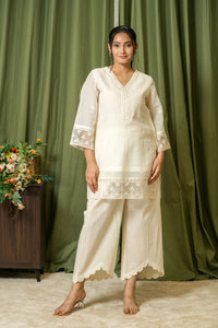 Ivory Mirror Work Chikankari Kurta Set - Front View