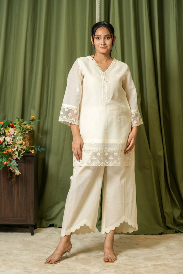 Ivory Mirror Work Chikankari Kurta Set - Front View