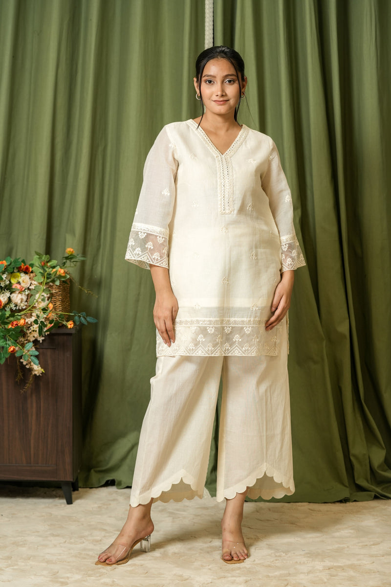 Ivory Mirror Work Chikankari Kurta Set - Front View