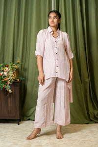 Pink Striped Shirt Kurta Palazzo Co-ord Set - Full Front View