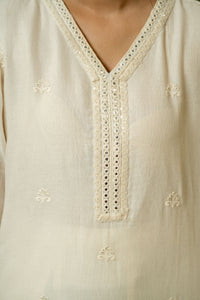 Ivory Mirror Work Chikankari Kurta Set - Neckline Detail