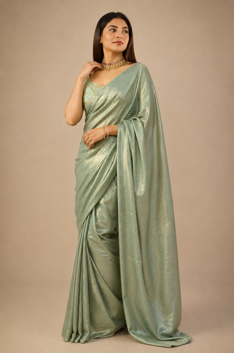 Sage Green Silk Saree with Golden Shimmer