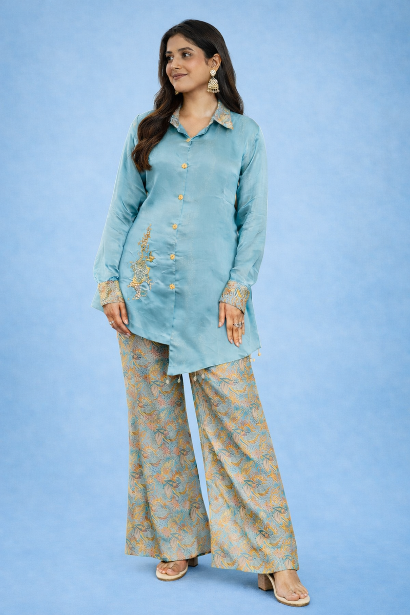 Sea Green Satin Kurti with Printed Palazzo Set
