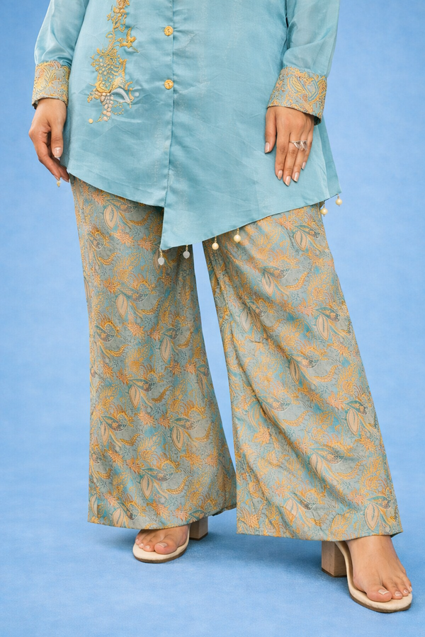 Sea Green Satin Kurti with Printed Palazzo Set