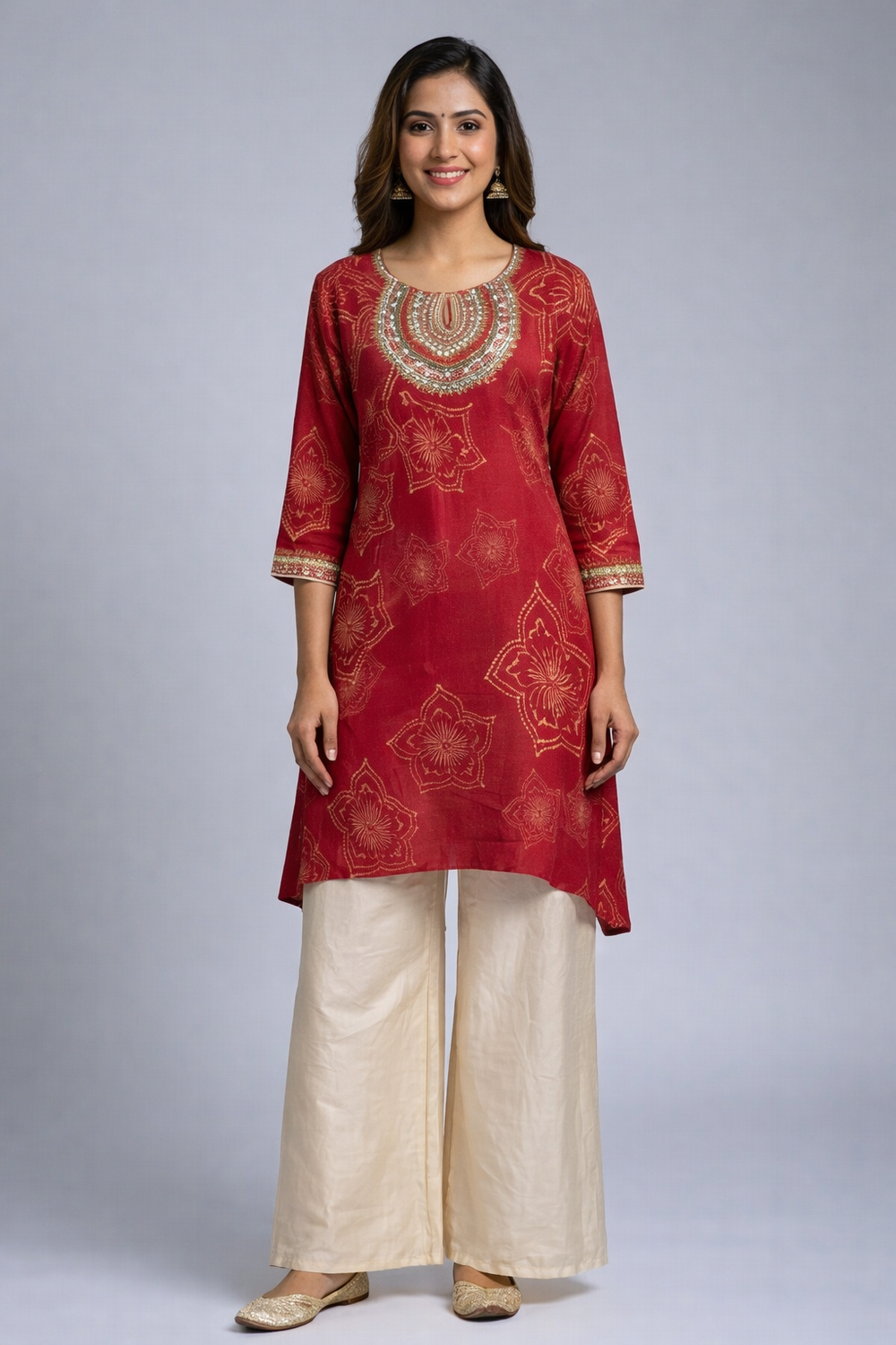 Wine Red Embroidered Kurta Set with Palazzo Pants