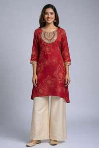 Wine Red Embroidered Kurta Set with Palazzo Pants