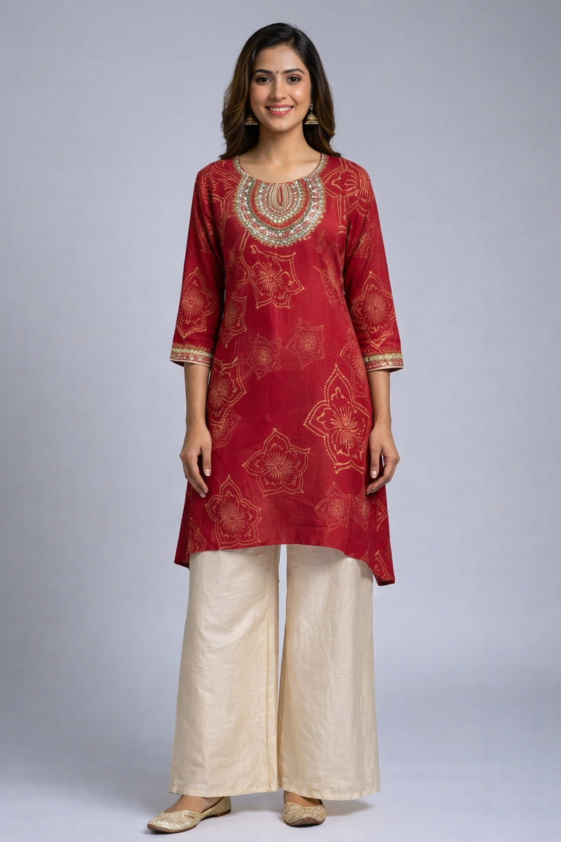 Wine Red Embroidered Kurta Set with Palazzo Pants