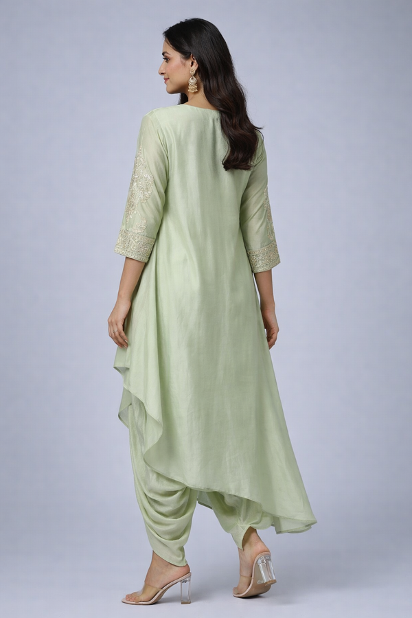 Pistachio Green Layered Kurti with Dhoti Pants Set