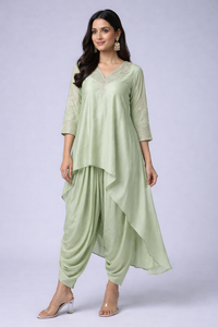 Pistachio Green Layered Kurti with Dhoti Pants Set