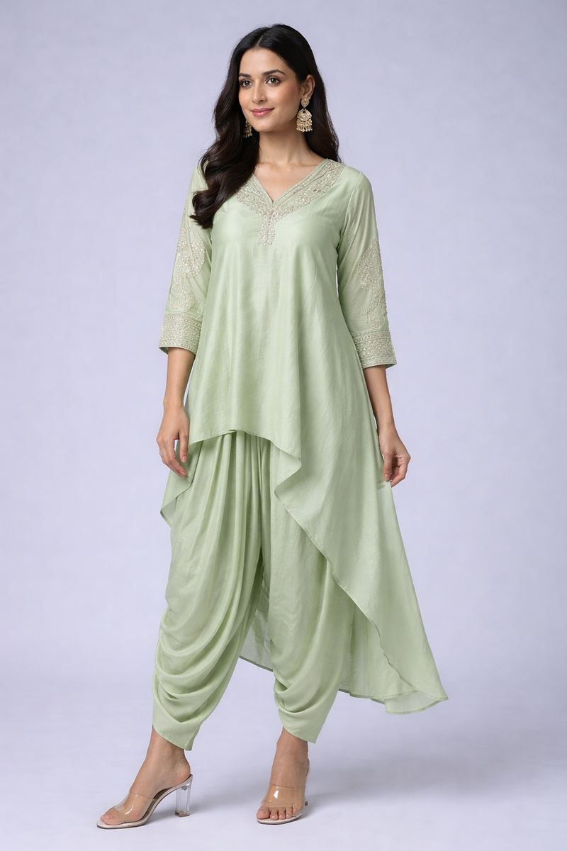 Pistachio Green Layered Kurti with Dhoti Pants Set