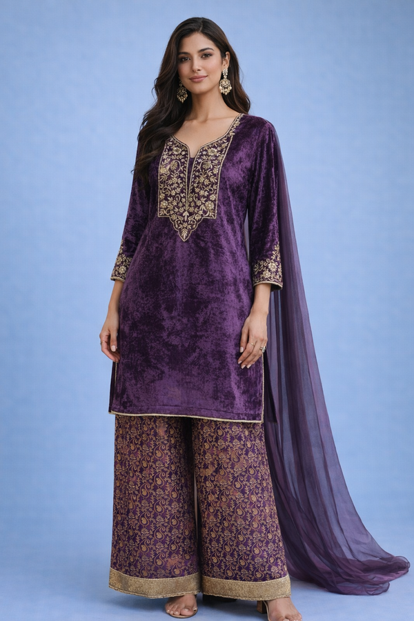 Purple Velvet Embroidered Kurta Set with Palazzo Pants
