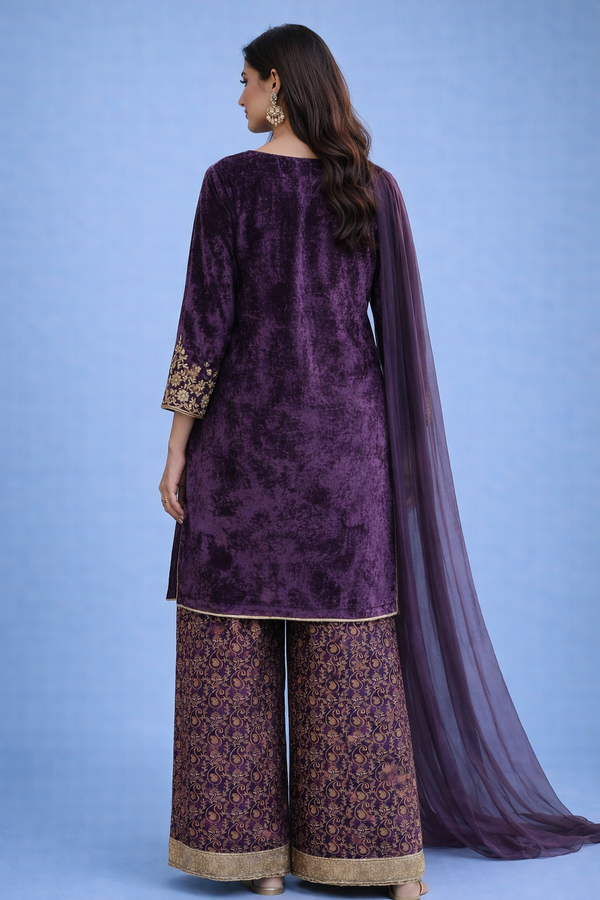 Purple Velvet Embroidered Kurta Set with Palazzo Pants