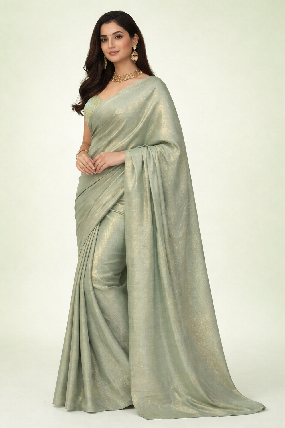 Sage Green Silk Saree with Golden Shimmer