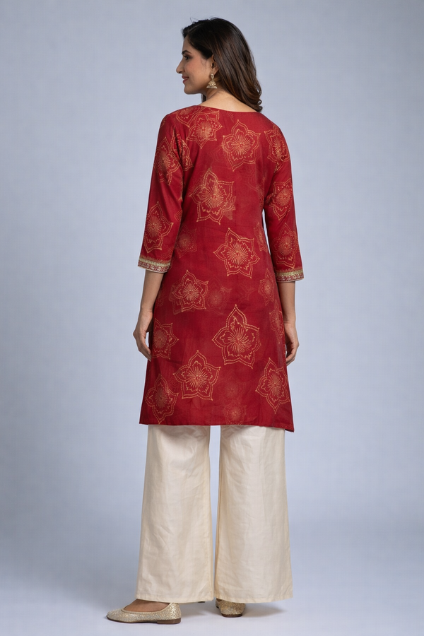 Wine Red Embroidered Kurta Set with Palazzo Pants