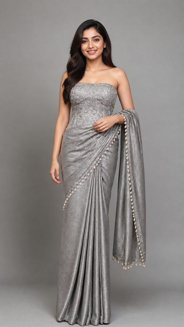 Silver Grey Embroidered Saree with Pearl Border