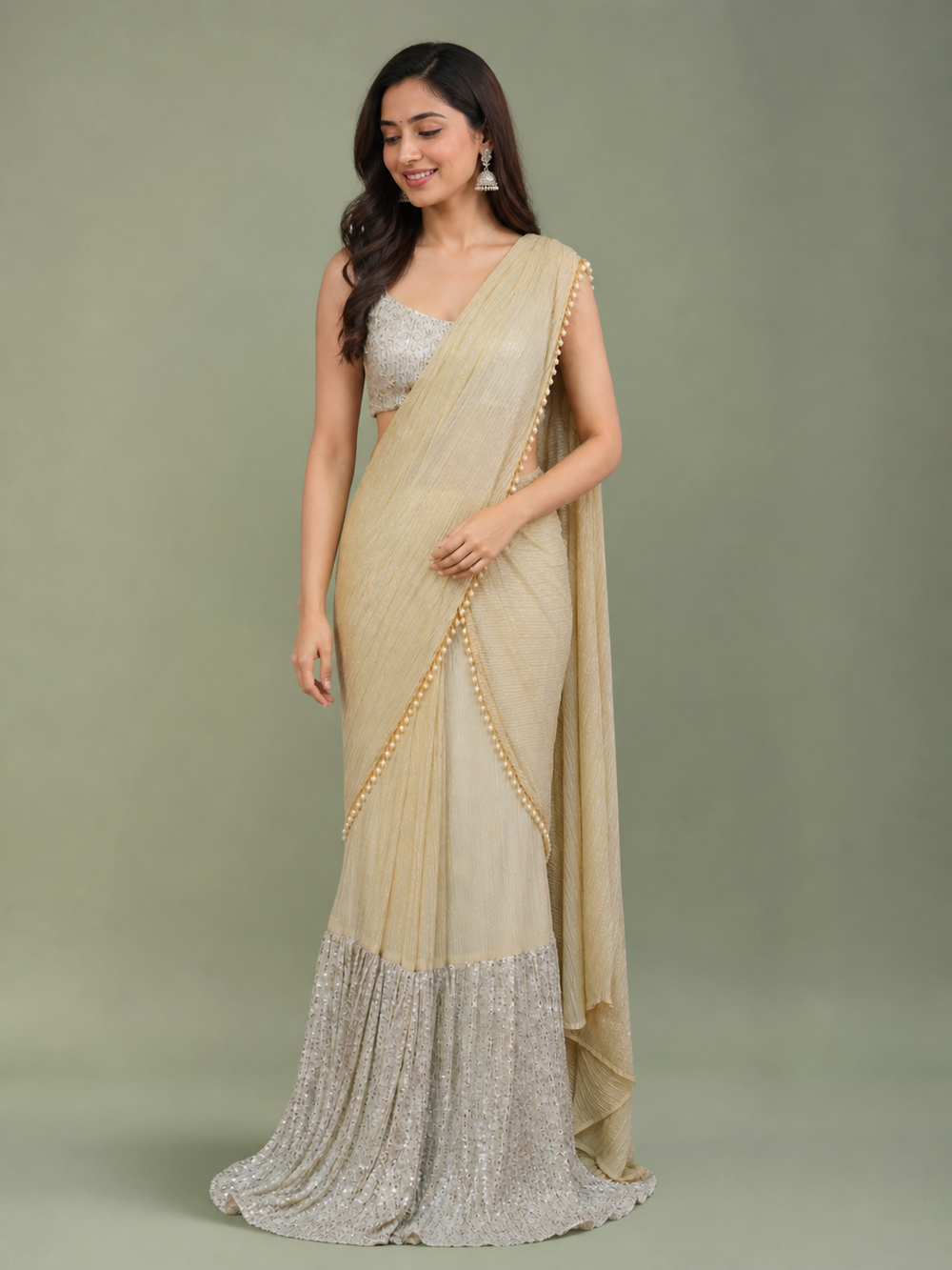 Beige Chiffon Saree with Sequin Border & Embroidered Blouse