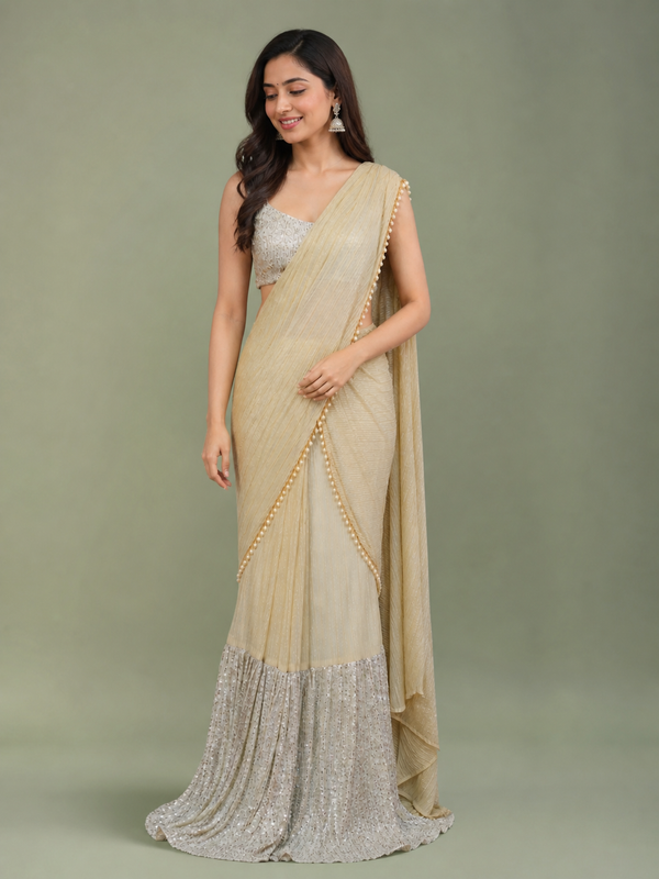Beige Chiffon Saree with Sequin Border & Embroidered Blouse