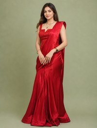 Red Satin Drape Saree with Backless Embellished Blouse
