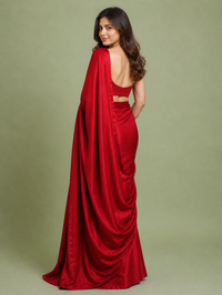 Red Satin Drape Saree with Backless Embellished Blouse