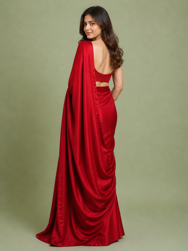 Red Satin Drape Saree with Backless Embellished Blouse