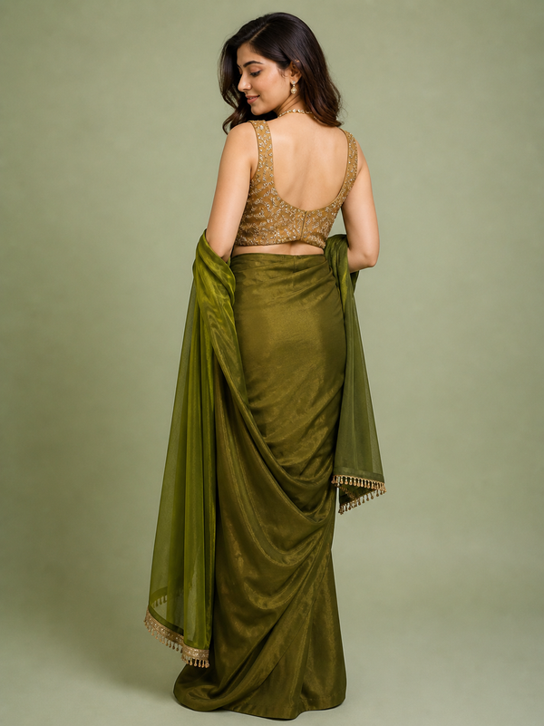 Olive Green Draped Skirt Co-ord Set with Gold Embroidered Corset Blouse & Dupatta