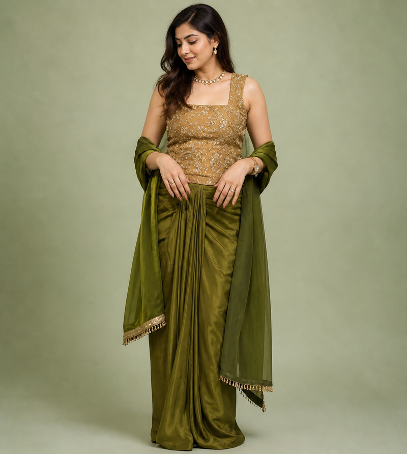 Olive Green Draped Skirt Co-ord Set with Gold Embroidered Corset Blouse & Dupatta